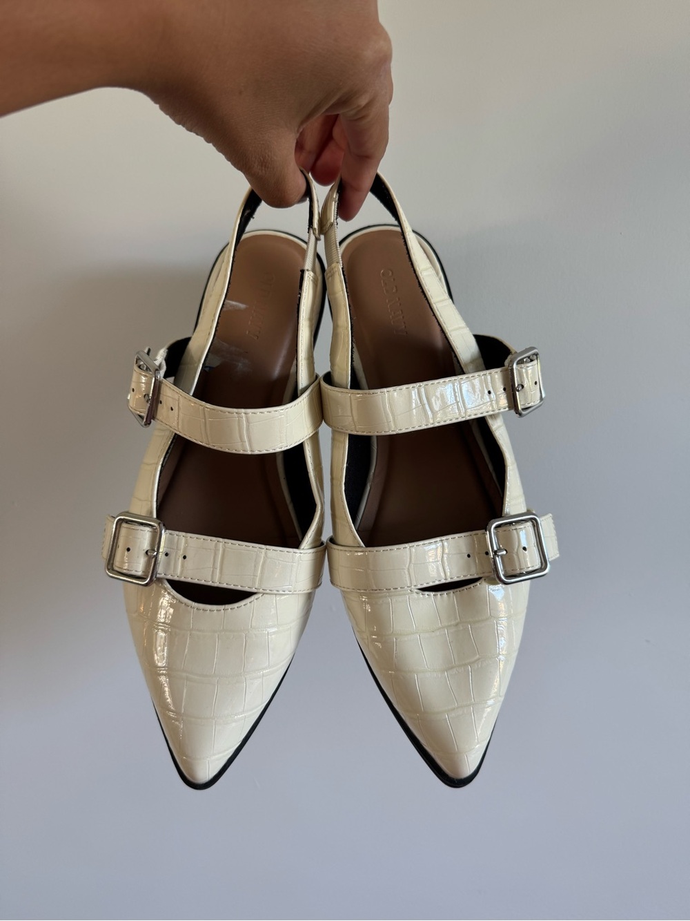 Mary Jane Cream Patent Pointed Slingback Flats with Buckle Straps